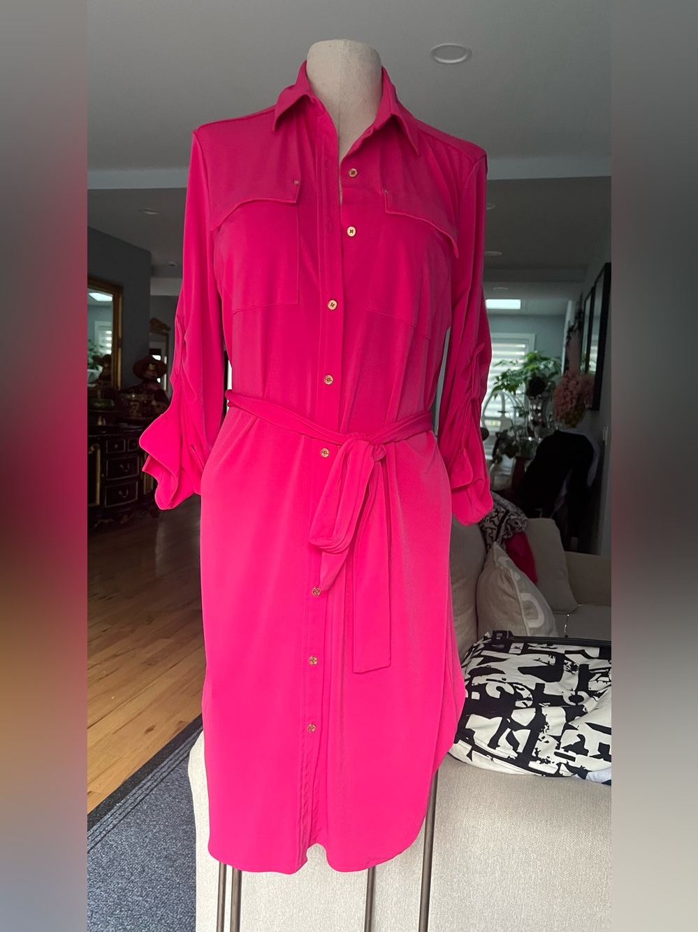 Women’s Hot Pink Shirt Dress with Tie Waist